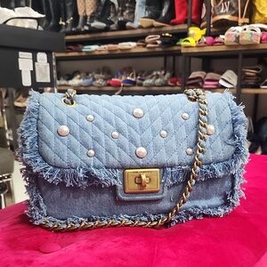 Denim Quilted Shoulder Bag with Pearl Accents